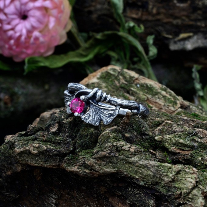 Elegant Gothic Floral Ring with Ruby Gemstone
