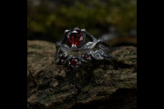 Unique Nature Inspired Elven Bridal Set, Fantasy Forest Wedding Ring Set, Silver Garnet Leaf Chevron Ring with Heart, Ethereal Fairy Jewelry