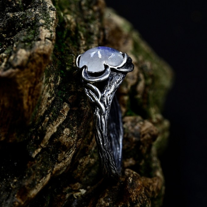 Gothic Moonstone Ring with Elegant Swirling Design