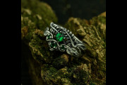 Nature Inspired Stackable Wedding Rings Set with Fern Leaf and Chevron Twig in Silver, Whimsical Emerald Cottagecore Band Set on Earth Theme