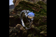Witchy Cottagecore Engagement Ring with Oval Opal and Forest Design, Romantic Wedding Band with Leaf and Tree in Silver