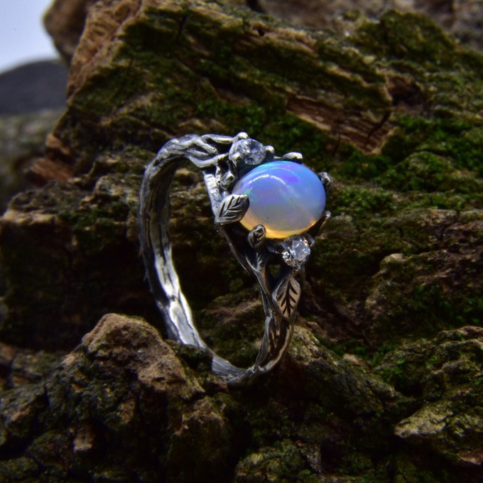 Gothic Moonstone Ring with Enchanted Branch Motif