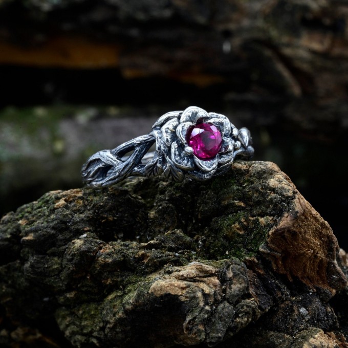 Thorned Bloom: Gothic Sterling Silver Ring with Enchanted Ruby