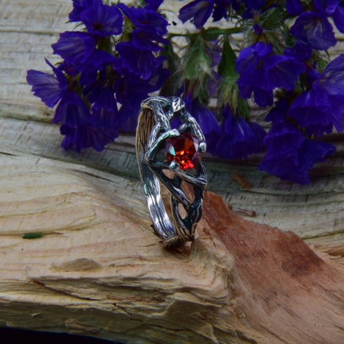 Gothic Moonstone Ring with Intricate Forest Design