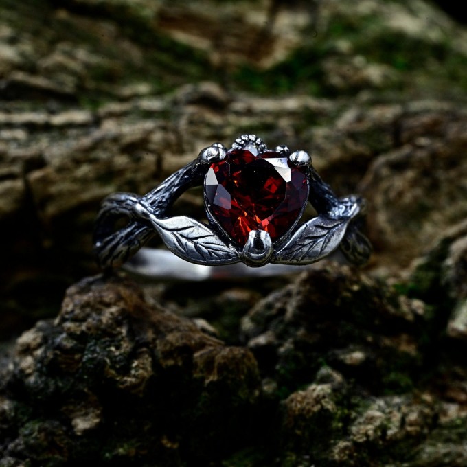 Bold Gothic Ring with Fiery Garnet Gemstone