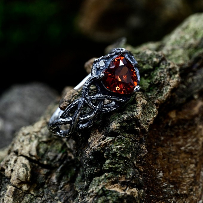 Dark Crimson Garnet Ring – Gothic Elegance in Silver