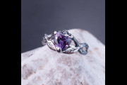 Celtic Style Amethyst Engagement Ring, Amethyst Heart Ring on Branches, Heart with Leaves on Branches Interlacing, Gift For Her