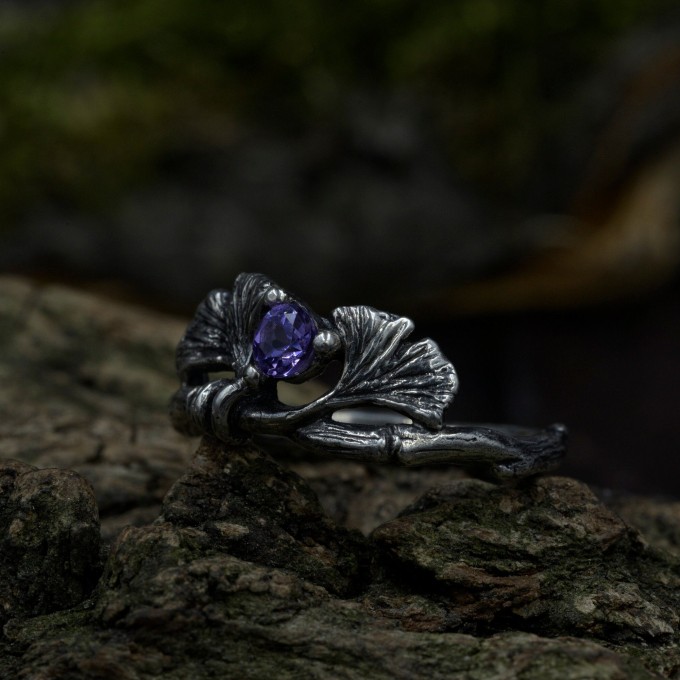 Gothic Silver Ring with Amethyst and Leaf Motif