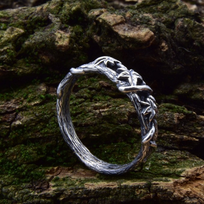 Handcrafted Silver Ring with Detailed Natural Motifs