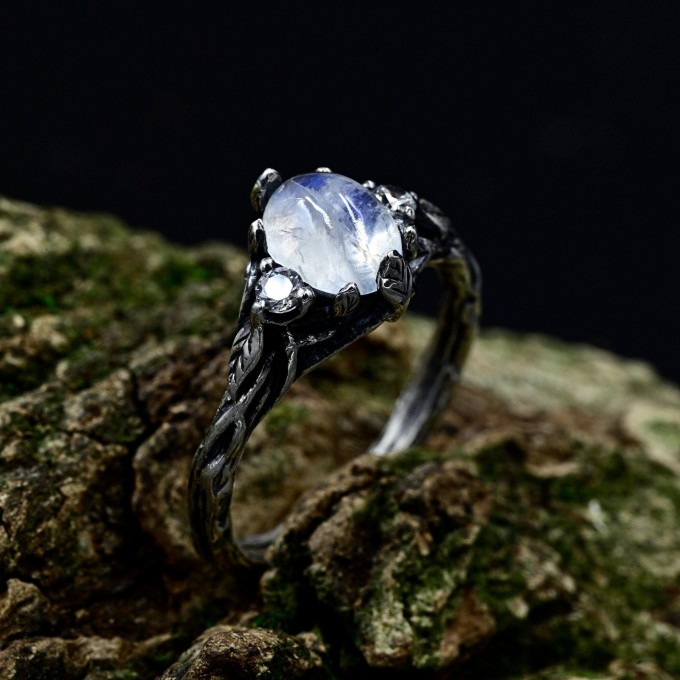 Gothic Moonstone Ring with Intricate Lunar Design| Ring for Women