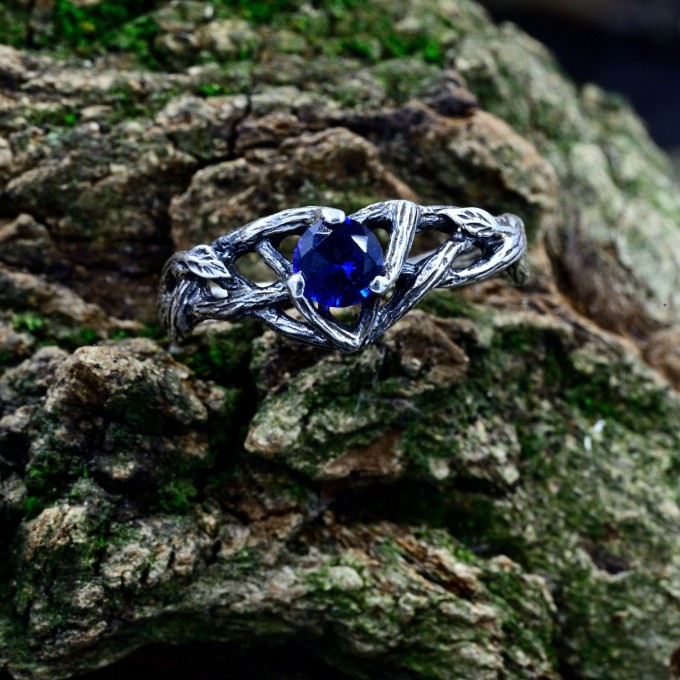 Gothic Silver Ring with Sapphire and Twisting Vines