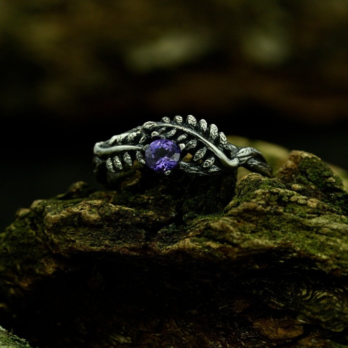 Gothic Amethyst Ring with Lunar Crescent Motif
