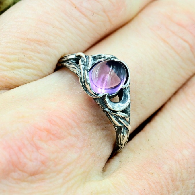 Gothic Ring with Amethyst and Intricate Silver Design