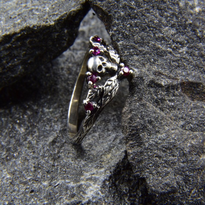Gothic Ruby Ring with Skull Motif and Bold Design 