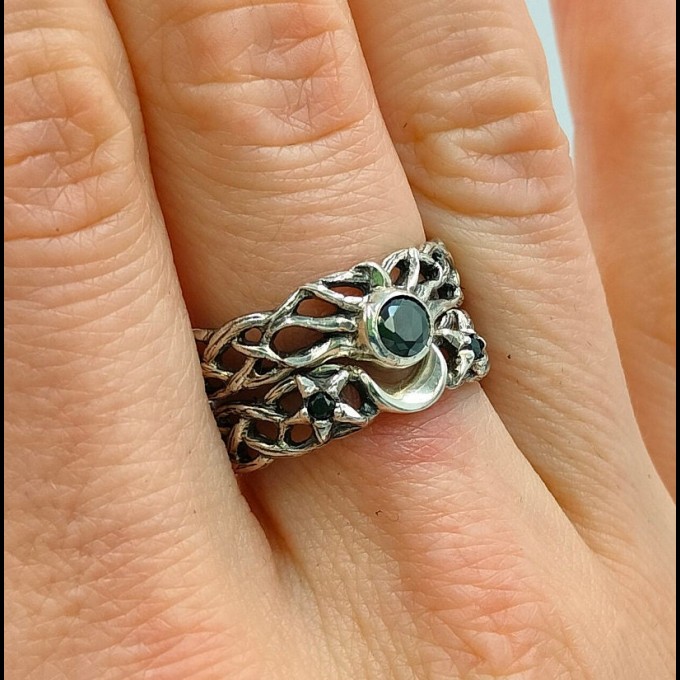 Gothic Silver Ring Featuring Black Onyx and Moon Motif