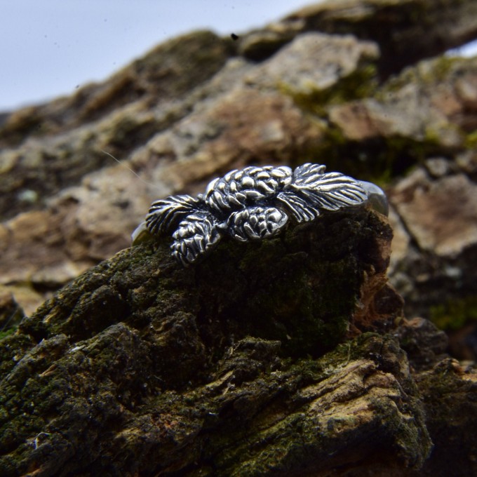 Silver Pinecone Ring with Forest Motif
