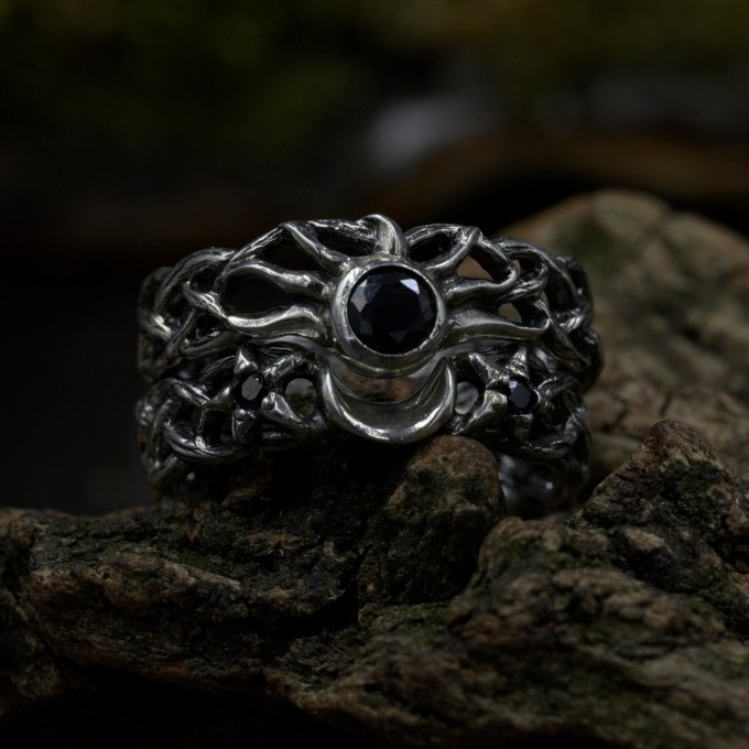 Gothic Silver Ring Featuring Black Onyx and Moon Motif