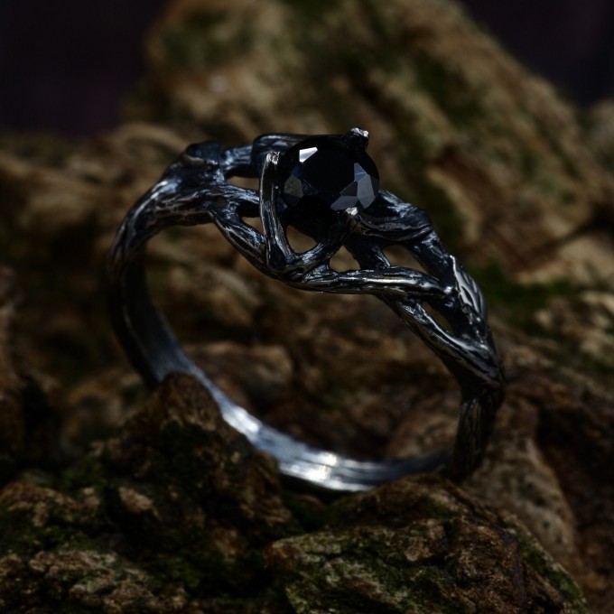 Dark Silver Ring with Black Obsidian Gemstone