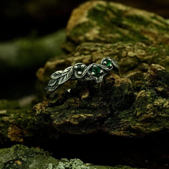 Forest Whisper: Gothic Sterling Silver Ring with Emerald Accents