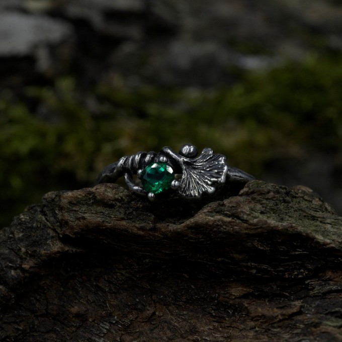 Forest Grace: Gothic Sterling Silver Ring with Emerald Gemstone