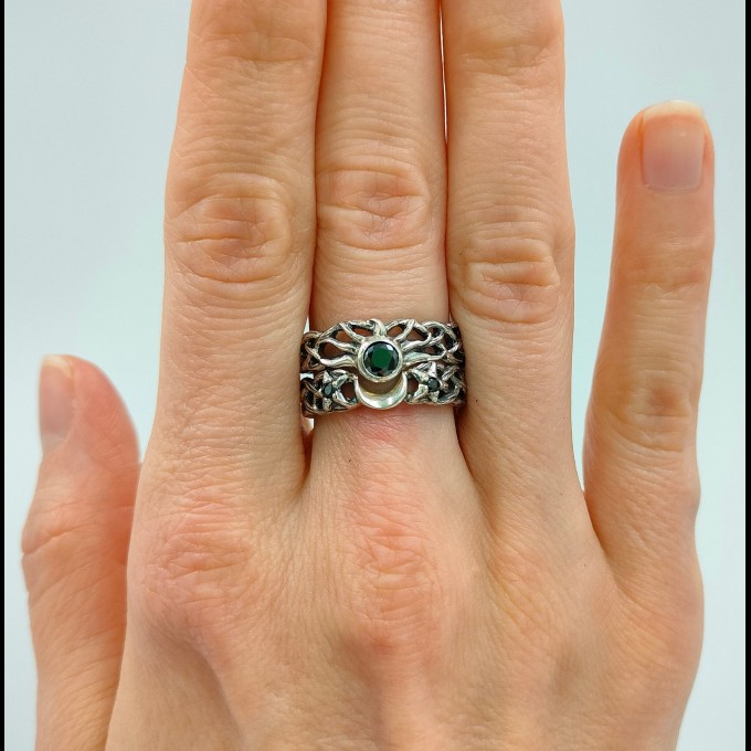 Gothic Silver Ring Featuring Black Onyx and Moon Motif