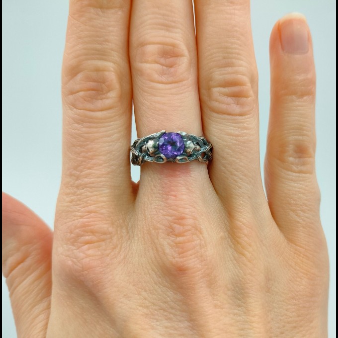 Handcrafted Silver Ring with Twisted Branch Motif and Amethyst | Fantasy Forest Witchy Wedding Band, Estate Jewelry for Women