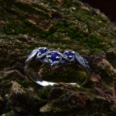 Thin Forest Ring with Three Stones V Shaped, Silver Twig Wavy Engagement Ring with Sapphire, Curved Nature Wedding Band with Branch and Leaf