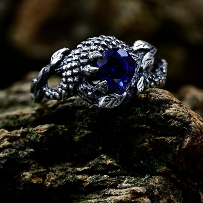 Dragon-Inspired Silver Ring with Blue Sapphire