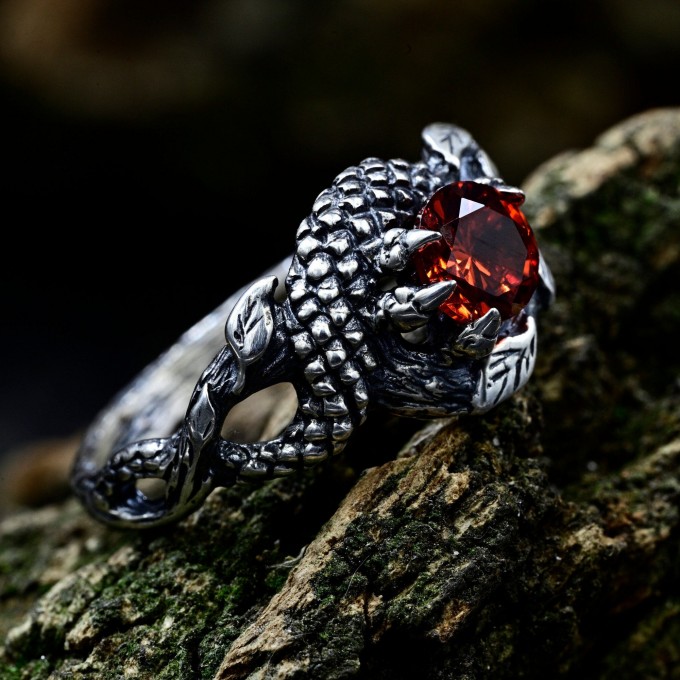 Gothic Dragon Ring with Garnet Gemstone