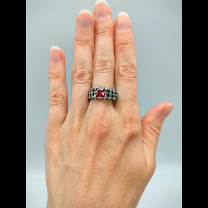 Gothic Chain Ring with Fiery Garnet Gemstone