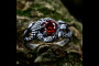 Fantasy Wedding Ring for Man, Garnet Wide Silver Band Solitaire Ring, Elven Fairy Promise Ring for Him with Branch Band