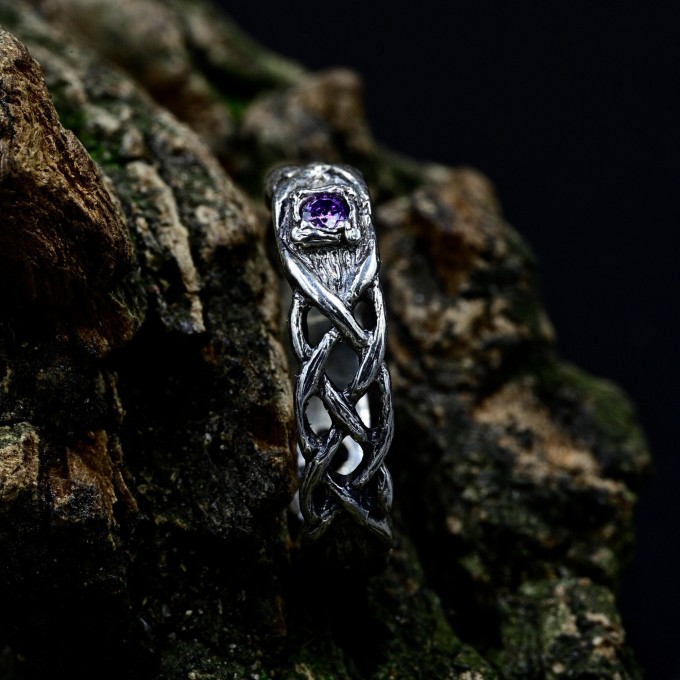 Delicate Gothic Ring with Amethyst Gemstone|Celtic Braided Weave Wedding Band with Amethyst Vine Twig Branch Design