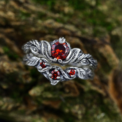 Forest Nature Celtic Wedding Ring Set, Unique Elven Wedding Rings Set, Stacking Ring Set with Birthstone & Leaf Branch, Ethereal Jewelry