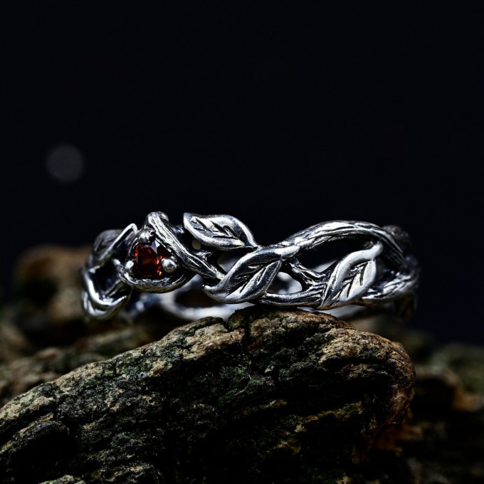Gothic Silver Ring with Garnet and Twisted Vines