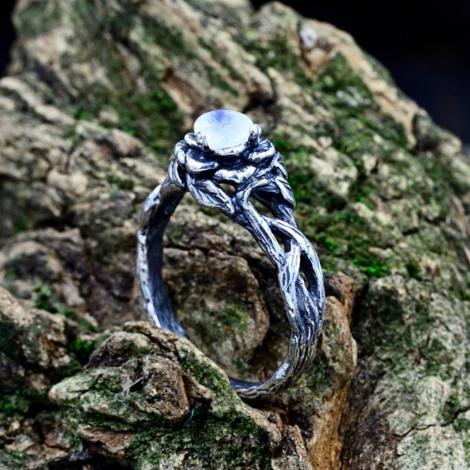 Elegant Gothic Floral Ring with Moonstone