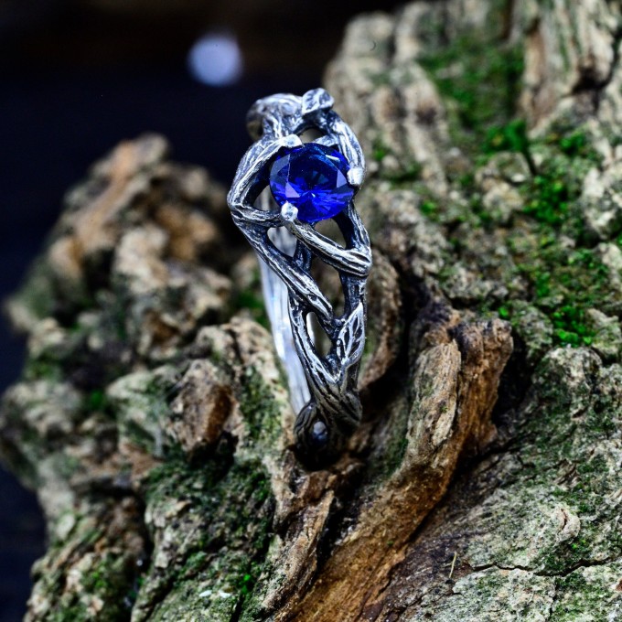 Twilight Crown: Gothic Sterling Silver Ring with Sapphire Gemstone