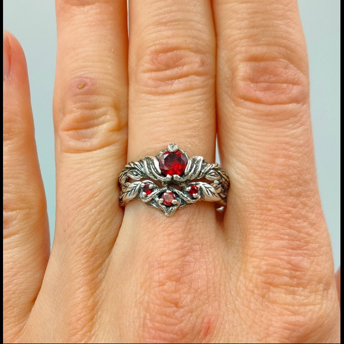 Gothic Garnet Ring with Enchanted Nature-Inspired Design