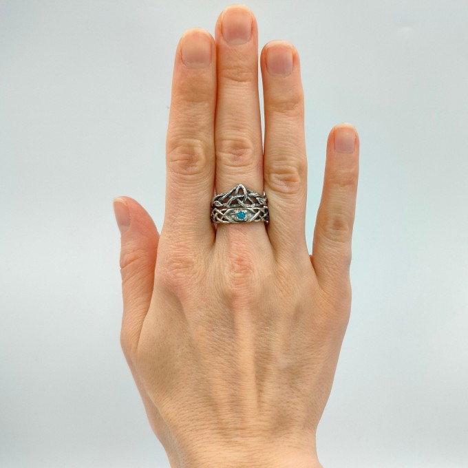 Gothic Blue Topaz Ring with Intricate Celtic Knot Motif