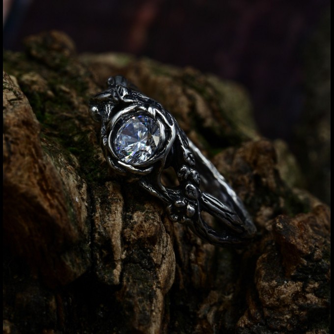 Elegant Gothic Ring with White Topaz Gemstone|Unusual Nature-Inspired Engagement Ring