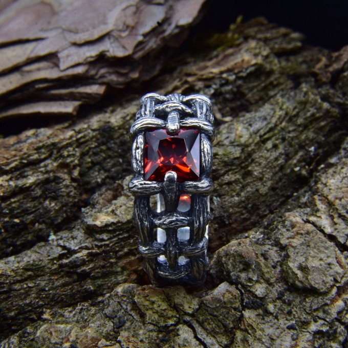 Gothic Garnet Ring with Intricate Bold Design