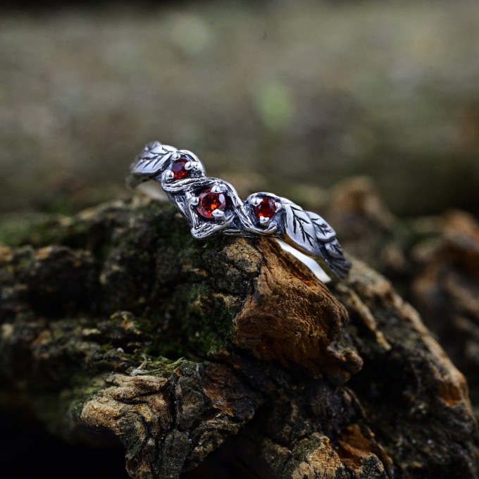 Gothic Garnet Ring with Enchanted Nature-Inspired Design
