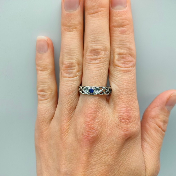 Celtic-Inspired Gothic Ring with Sapphire