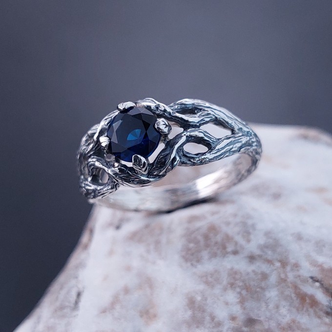 Embrace of the Night: Gothic Sterling Silver Ring with Deep Sapphire