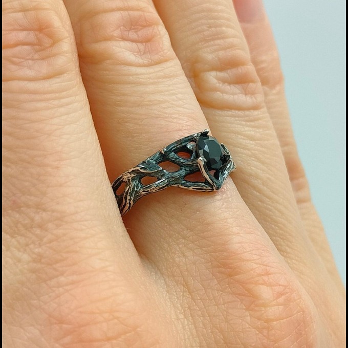 Dark Silver Ring with Black Obsidian Gemstone