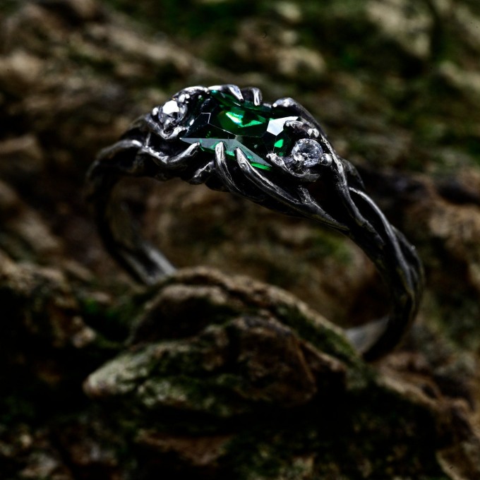 Handcrafted Emerald Ring with Dark Forest Design