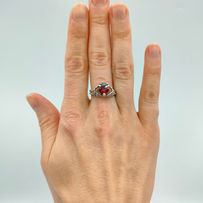 Dark Gothic Silver Ring with Skull and Garnet