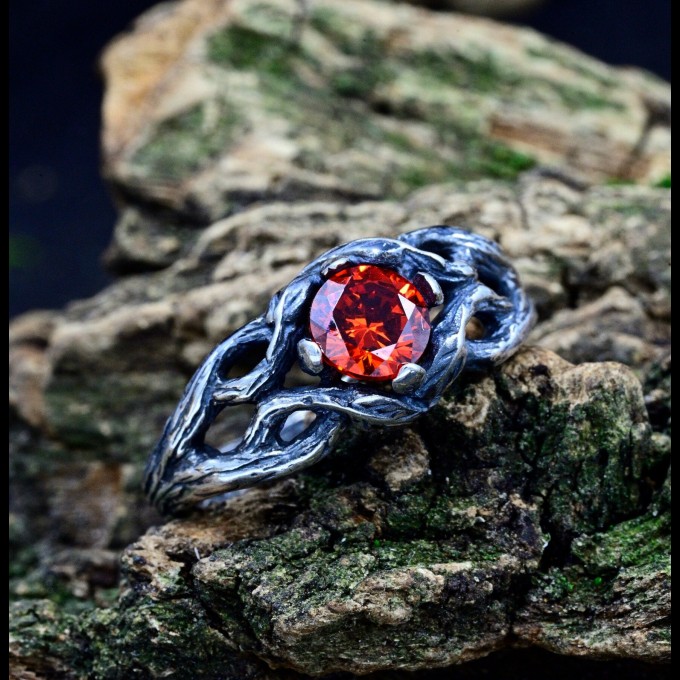 Gothic Ruby Ring with Twisting Vine Design