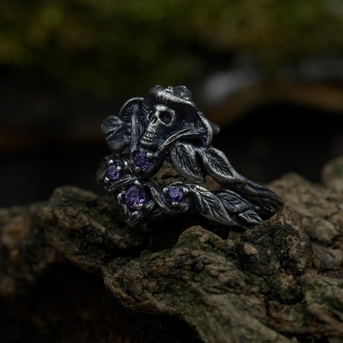 Gothic Amethyst Ring with Enchanted Mushroom Motif