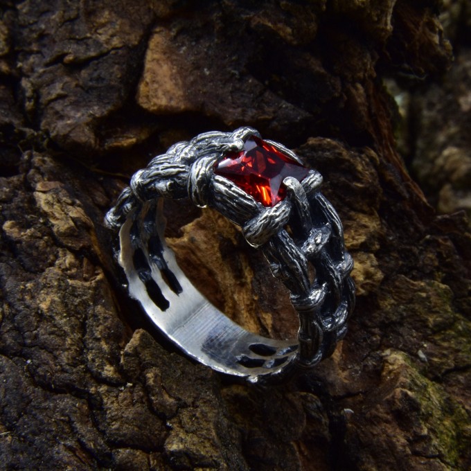 Bold Gothic Chain Ring with Garnet Gemstone