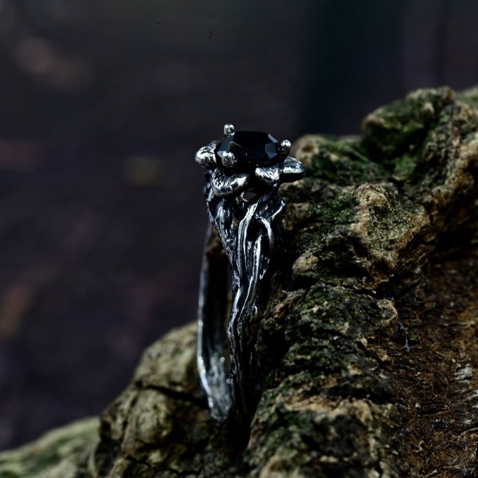 Gothic Obsidian Ring with Enchanted Floral Motif